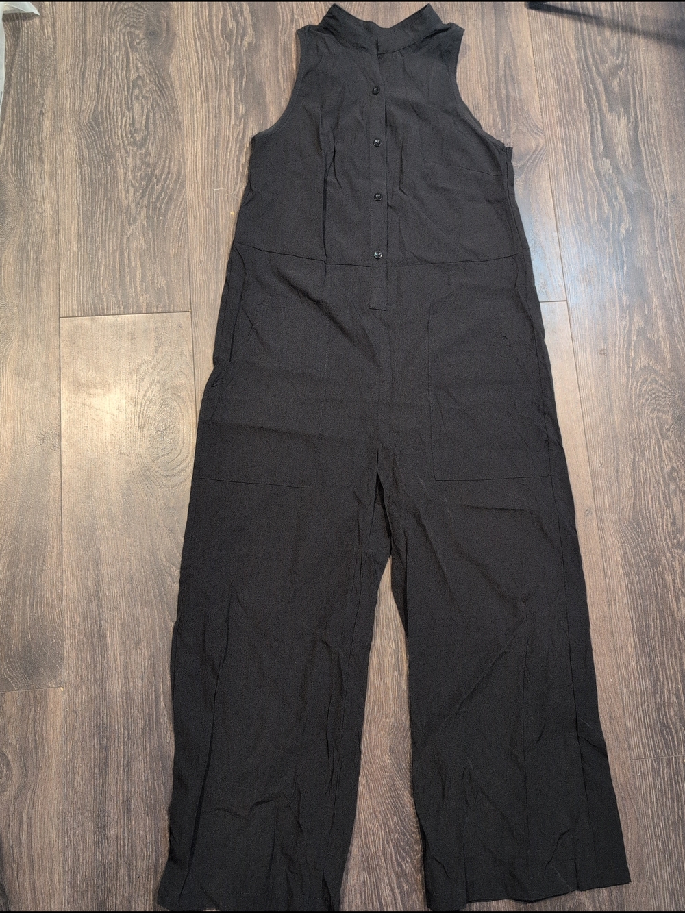 Sleeveless Black Button-Front Wide-Leg Jumpsuit With Pockets Size Medium